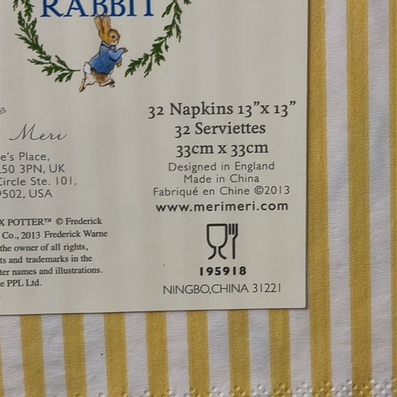 NEW MERI MERI PETER RABBIT HOP LITTLE RABBIT HOP HOP HOP 13 X 13 NAPKINS - Picture 3 of 6